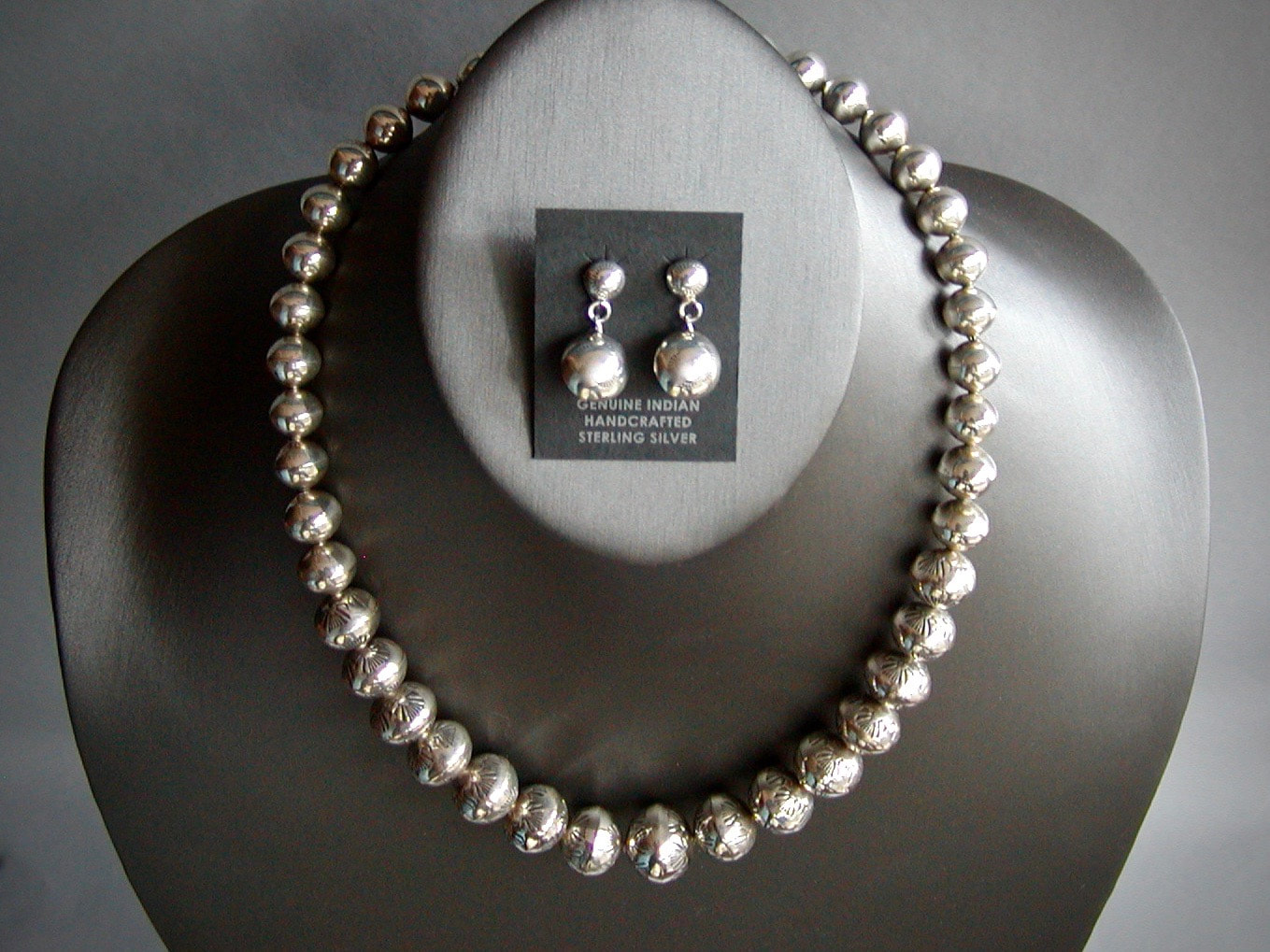Sterling Silver Stamped Beaded Necklace with Earrings